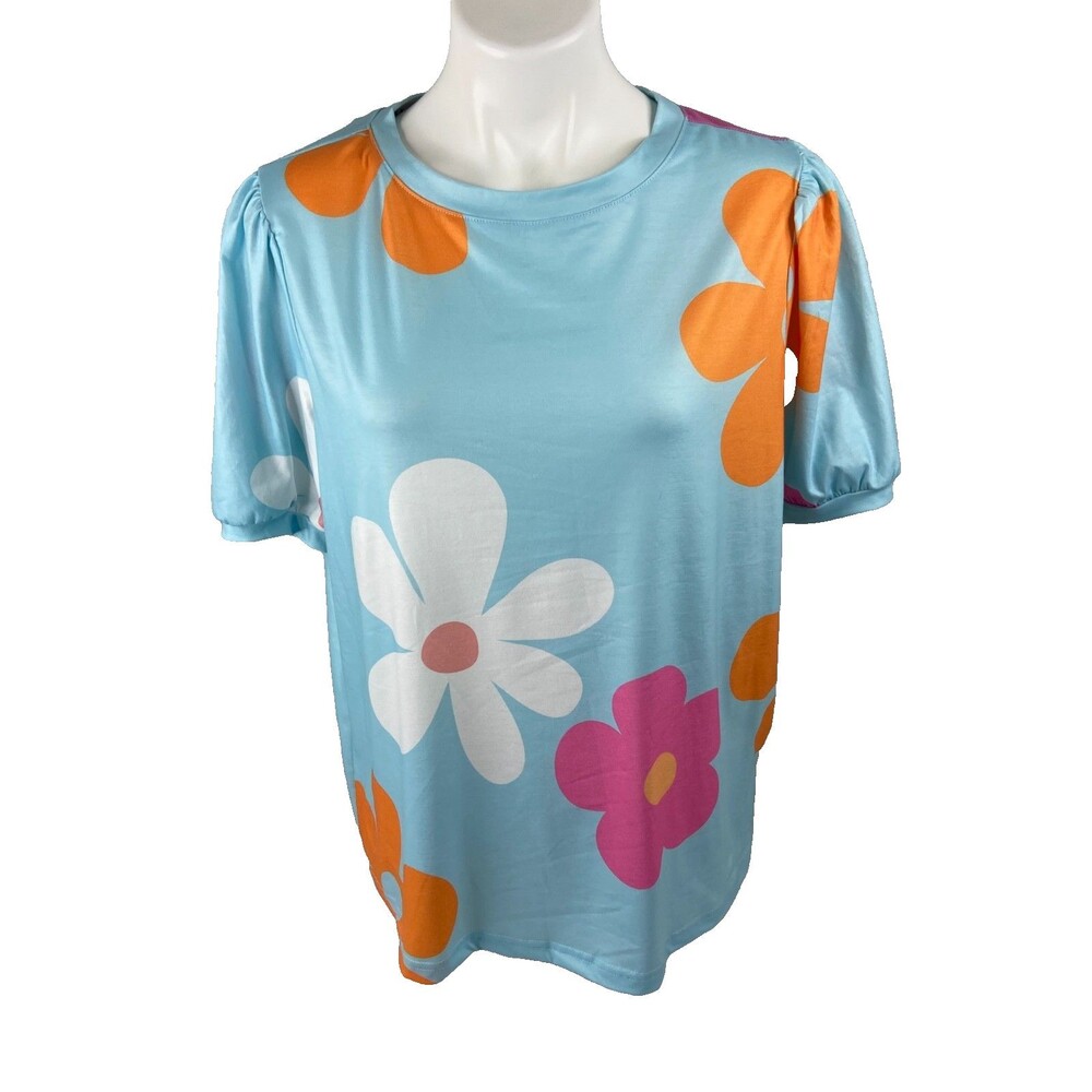 Flower Power Women Large Shirt Blue Multi Color Floral Pattern Casual NWT